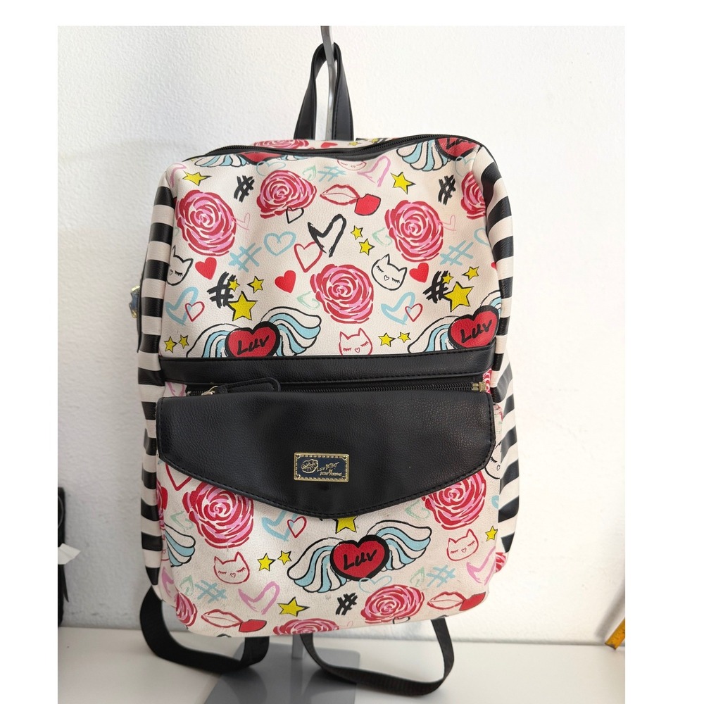 Luv Betsey by Betsey Johnson Graffiti Rose Heart Striped Backpack White Black